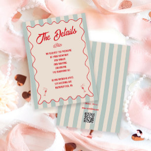Red Script Blue Line QR Code Retro Wedding Details Enclosure Card