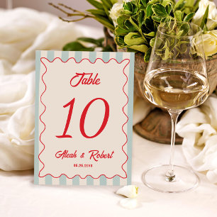 Red Script Blue Line Retro Wedding Table Number