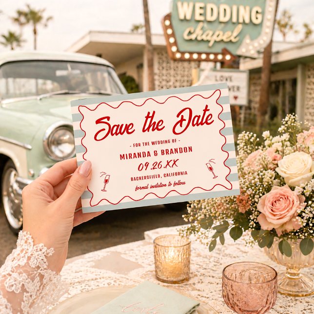 Red Script Blue Lines Retro QR Code Save the Date Invitation (Creator Uploaded)