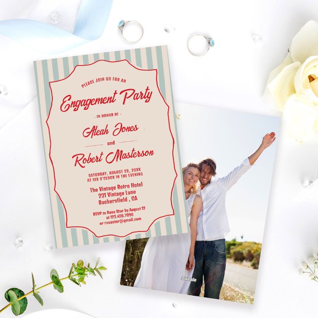 Red Script Blue Stripes Retro Photo Engagement Invitation (Creator Uploaded)