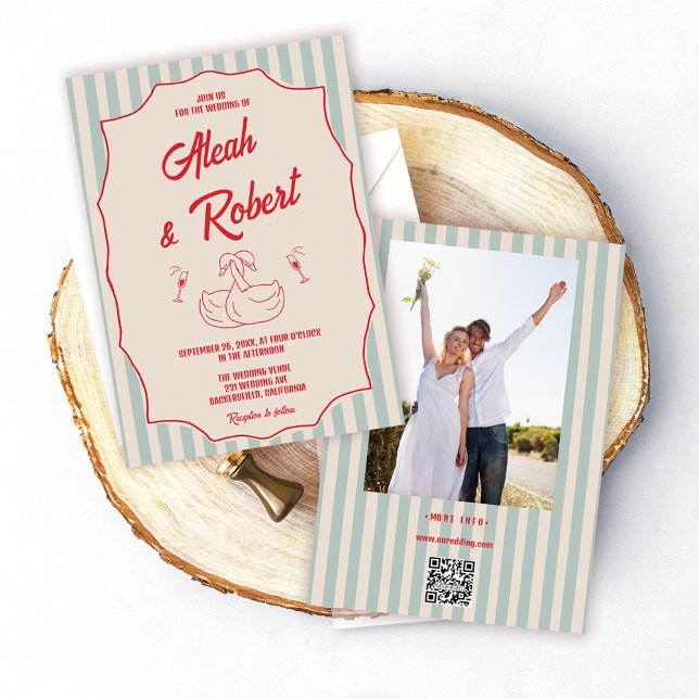 Red Script Blue Stripes Retro Photo Wedding Invitation (Creator Uploaded)