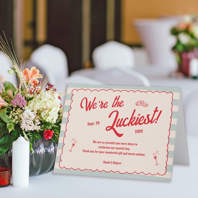 Red Script Blue Stripes Retro Wedding Letterpress Thank You Card (Creator Uploaded)