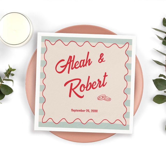 Red Script Blue Stripes Retro Wedding Napkins (Creator Uploaded)