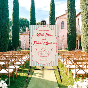 Red Script Blue Stripes Retro Wedding Welcome Sign
