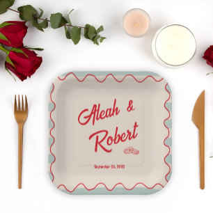 Red Script Blue Stripes Vintage Retro Wedding Paper Plates