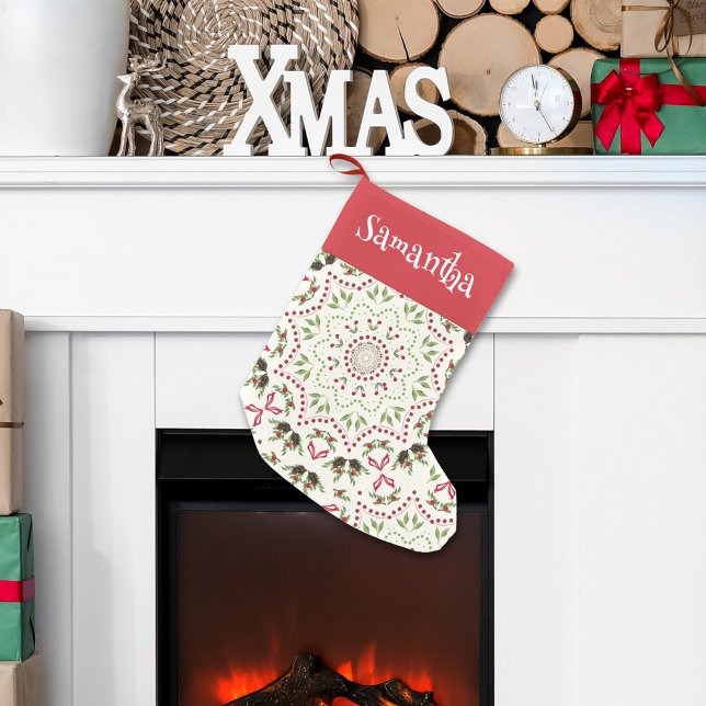 Red Script Christmas Pattern Personalized  Small Christmas Stocking (Christmas holiday mandala pattern Holiday Stocking. )