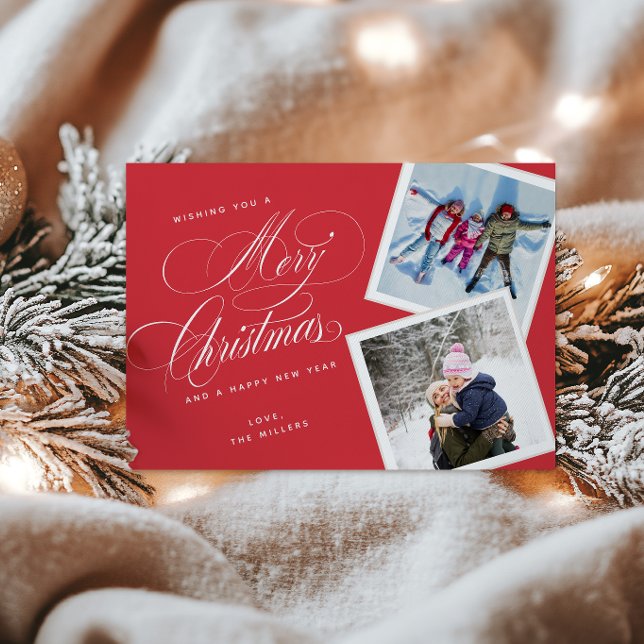 Red Script Christmas Photo Card 2 Picture Collage (Creator Uploaded)