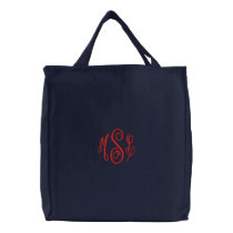 Red Script Embroidered Monogram Embroidered Tote Bag