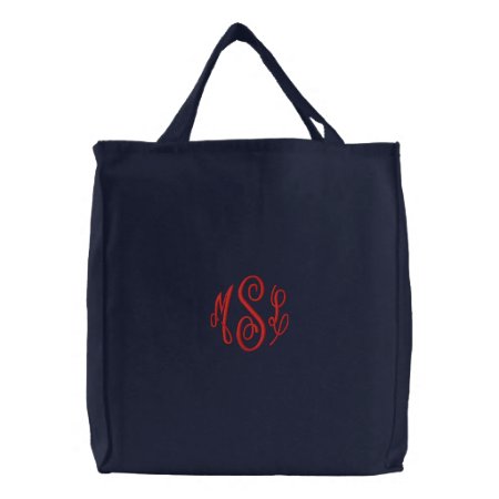 Red Script Embroidered Monogram Embroidered Tote Bag