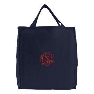Red Script Embroidered Monogram Tote Bag
