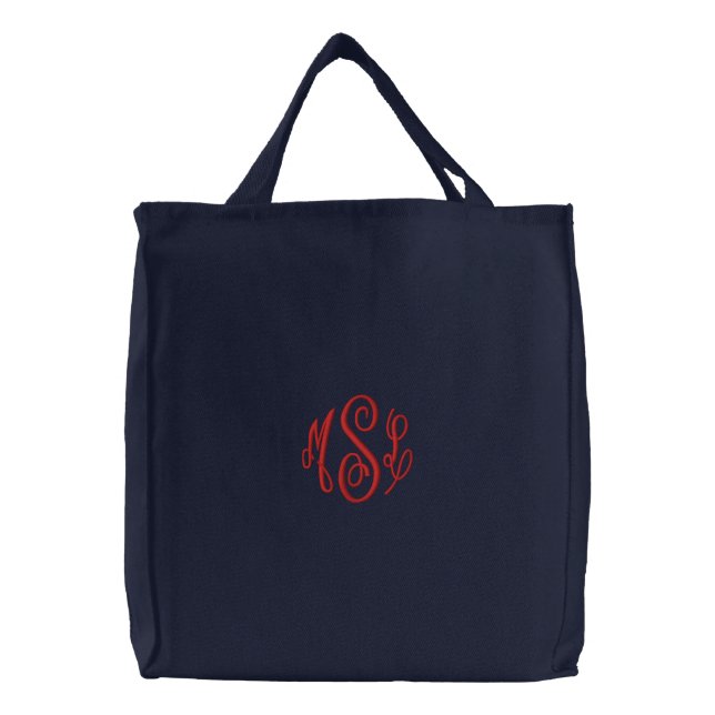 Red Script Embroidered Monogram Tote Bag (Front)