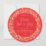 Red Script Font Peace Love+Joy Sparkling Lights Holiday Card