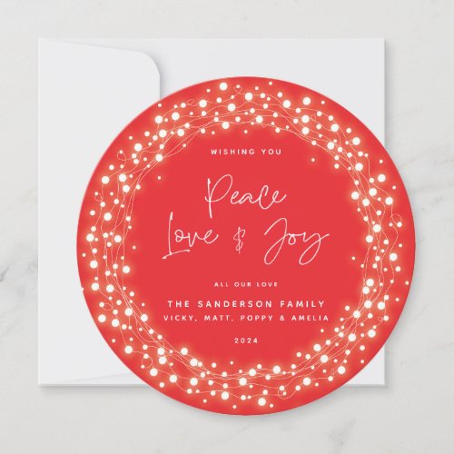 Red Script Font Peace LoveJoy Sparkling Lights Holiday Card