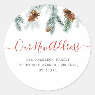 Red script holiday moving announcement classic round sticker