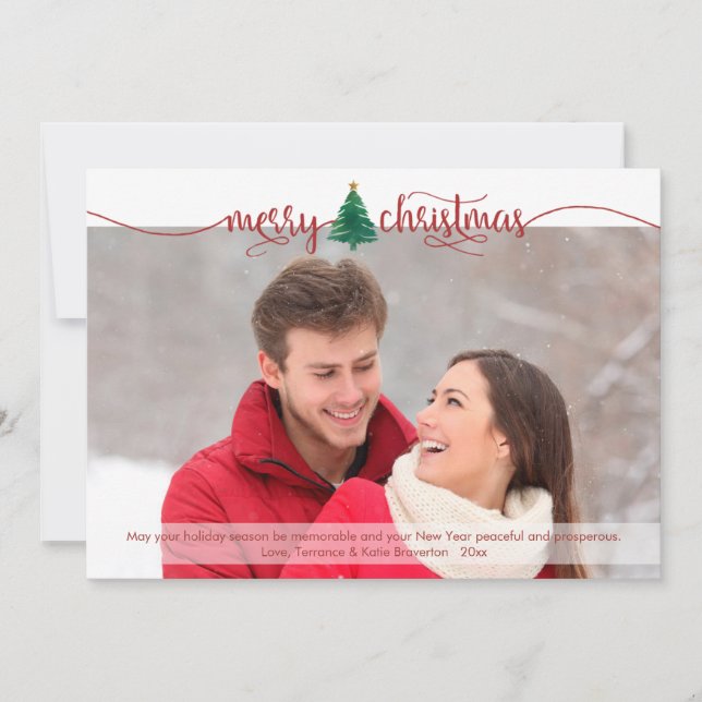 Red Script Merry Christmas and Watercolor Tree Holiday Card (Front)