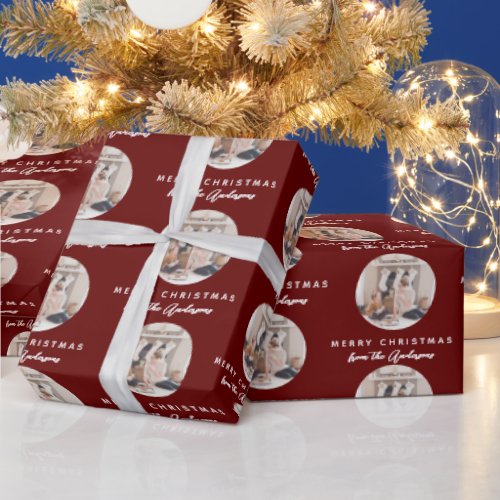 Red Script Merry Christmas Family Name Photo Wrapping Paper