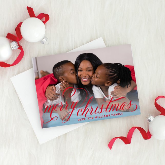 Red Script Merry Christmas Family Photo Holiday Card (Creator Uploaded)