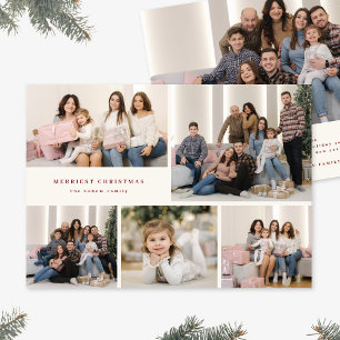 Red Script Merry Christmas Five Photo Collage Holiday Card
