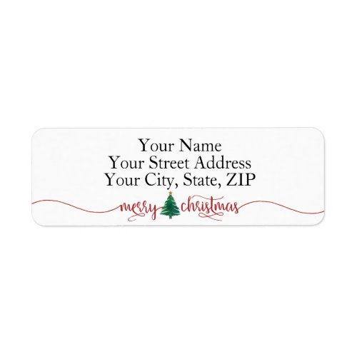 Red Script Merry Christmas  Green Watercolor Tree Label