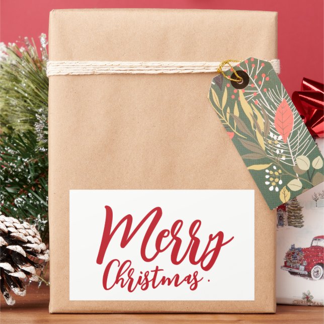 Red Script Merry Christmas Shop Packaging Rectangular Sticker (Holiday)