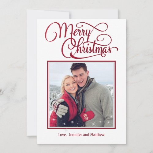 Red Script Merry Christmas Sparkle Photo Holiday Card