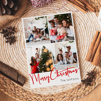 Red Script Merry Christmas Vertical 4 Photo Holiday Card