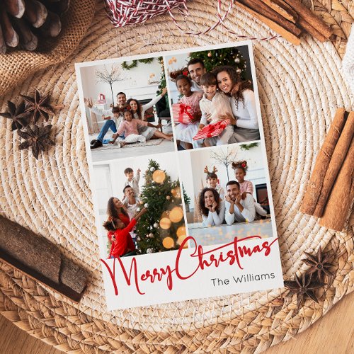 Red Script Merry Christmas Vertical 4 Photo Holiday Card