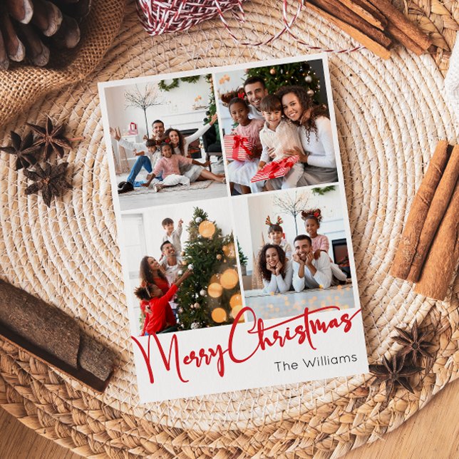 Red Script Merry Christmas Vertical 4 Photo Holiday Card (Creator Uploaded)