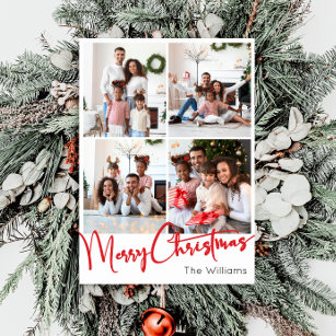 Red Script Merry Christmas Vertical 7 Photo Holiday Card