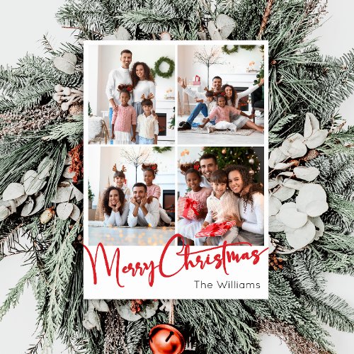 Red Script Merry Christmas Vertical 7 Photo Holiday Card