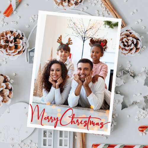 Red Script Merry Christmas Vertical Full Photo Holiday Card