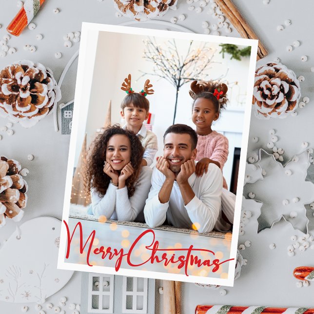 Red Script Merry Christmas Vertical Full Photo Holiday Card (Creator Uploaded)