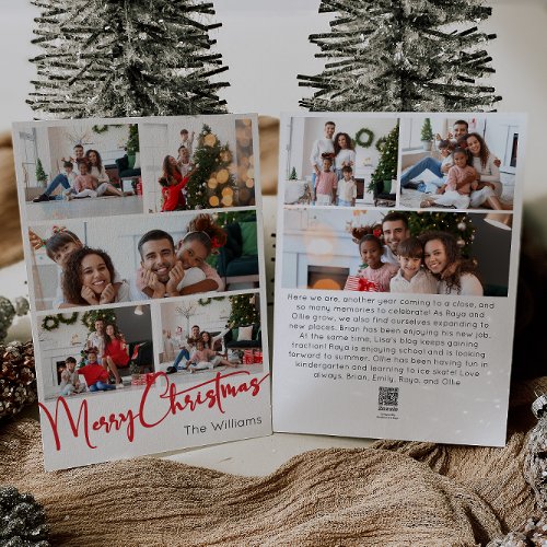 Red Script Merry Christmas Vertical Nine Photo Holiday Card