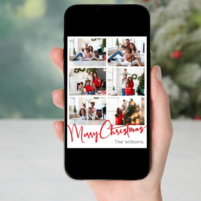 Red Script Merry Christmas Vertical Ten Photo Holiday Card (Front Digital)