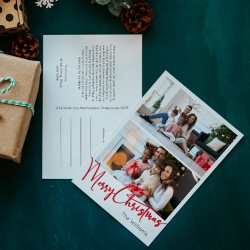 Red Script Merry Christmas Vertical Two Photo Holiday Postcard