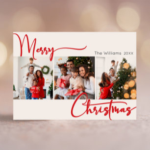 Red Script Merry Christmas Year In Review 3 Photo Holiday Card