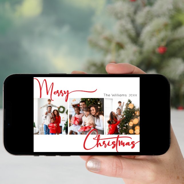 Red Script Merry Christmas Year In Review 3 Photo  Holiday Card (Front Digital)