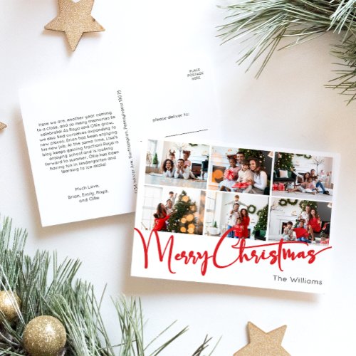 Red Script Merry Christmas Year In Review 6 Photo Holiday Postcard