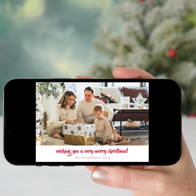 Red Script Minimalist Christmas 1 Photo Horizontal Holiday Card (Front Digital)