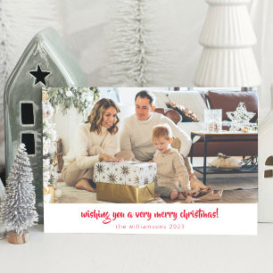 Red Script Minimalist Christmas 1 Photo Horizontal Holiday Card