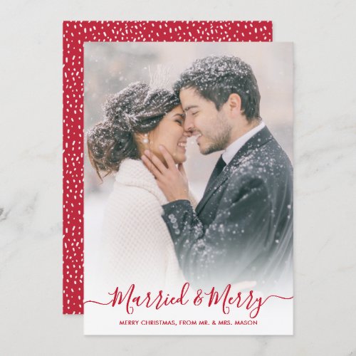Red Script One Photo Married and Merry Christmas Holiday Card