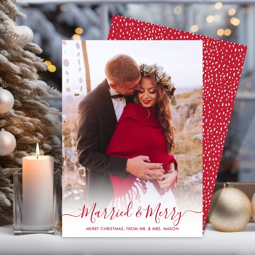 Red Script One Photo Married and Merry Christmas Holiday Card