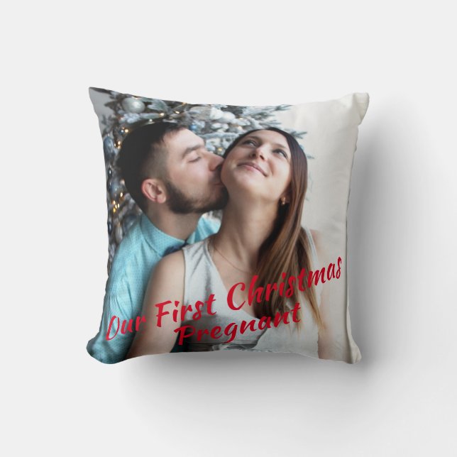 Red Script Our First Christmas Pregnant Photo Throw Pillow (Front)