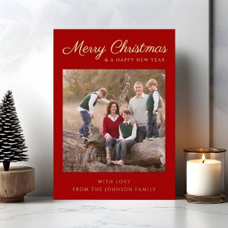 Red Script Photo Christmas Gold Foil Holiday Card