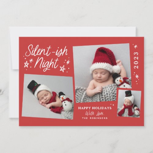 Red Script Silent_ish Night 3 Photo Collage Holiday Card