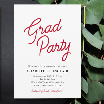 Red Script Simple Budget Grad Party Invitation by daisylin712 at Zazzle