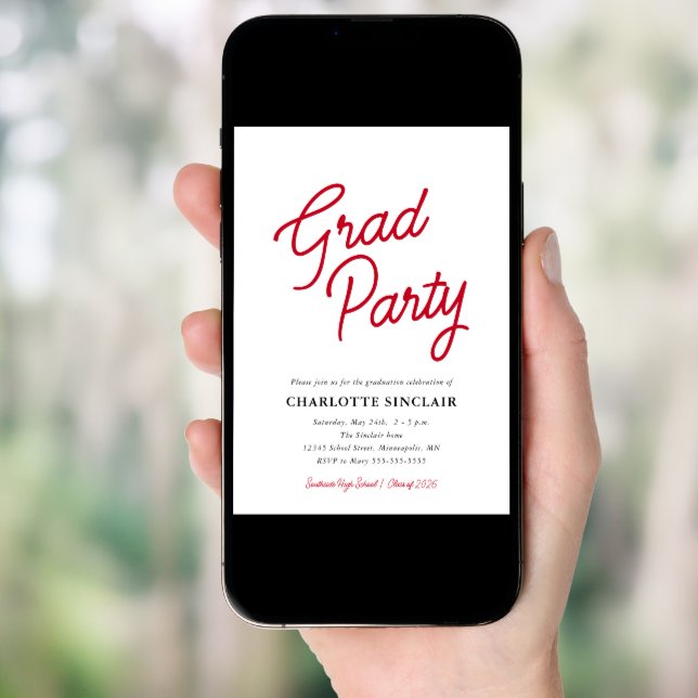 Red Script Simple Budget Grad Party Invitation (Front Digital)