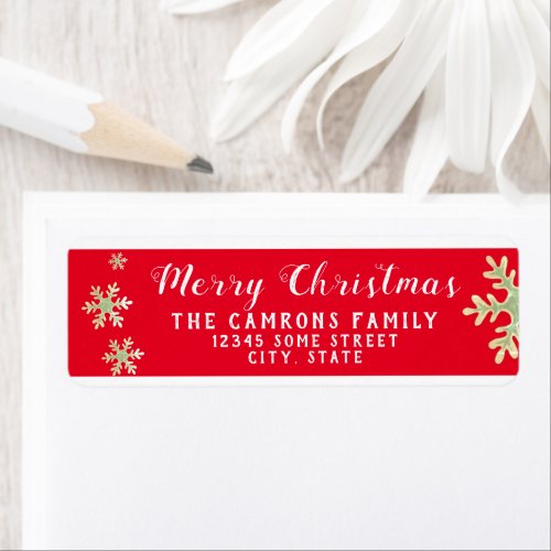 Red Script Snowflakes Merry Christmas Address Label