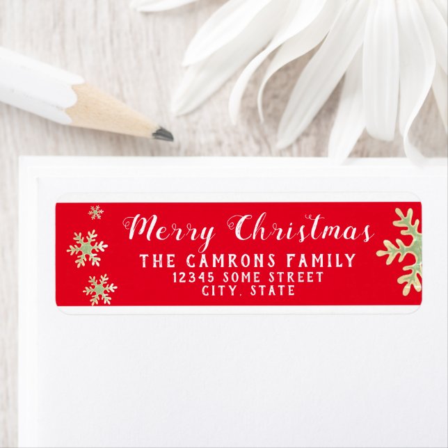 Red Script Snowflakes Merry Christmas Address Label (Insitu)
