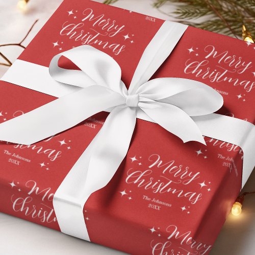 Red Script Typography Family Name Merry Christmas Wrapping Paper